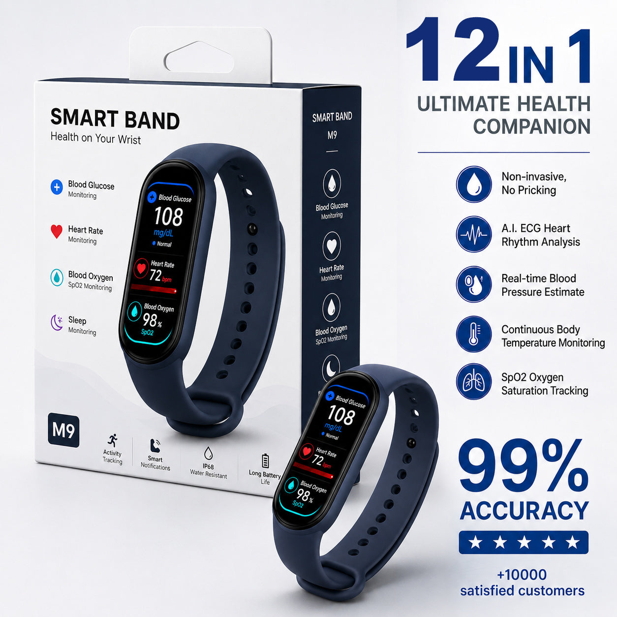 ⚡ Final 1 Hours Launch Offer 🏆 2026  M9 Non-Invasive Smart Band 📈12 health reports - No-Prick