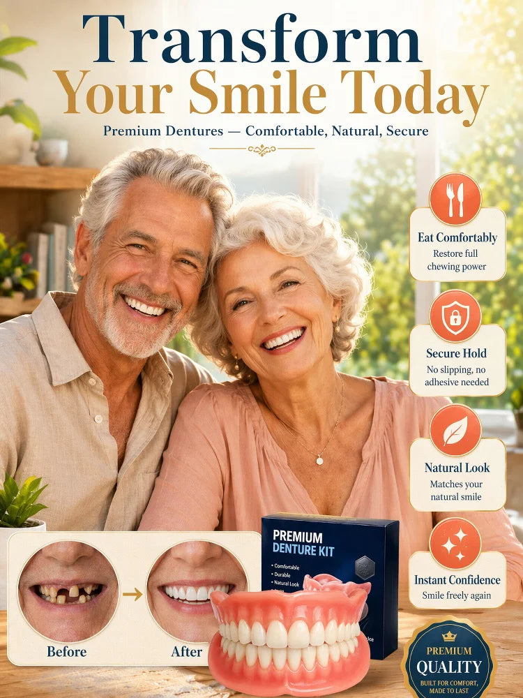 Complete denture set shown with an older American couple