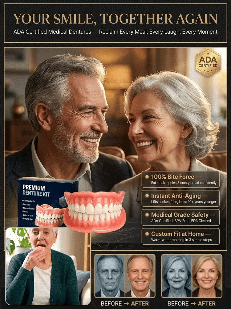 Older couple smiling together with a complete denture set